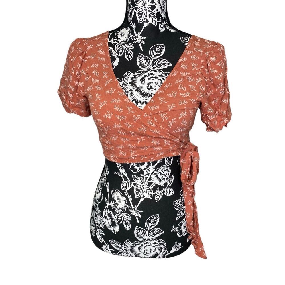 American Eagle Floral Wrap Crop Top Puff Sleeve Cottagecore Boho Tie XS Wrap